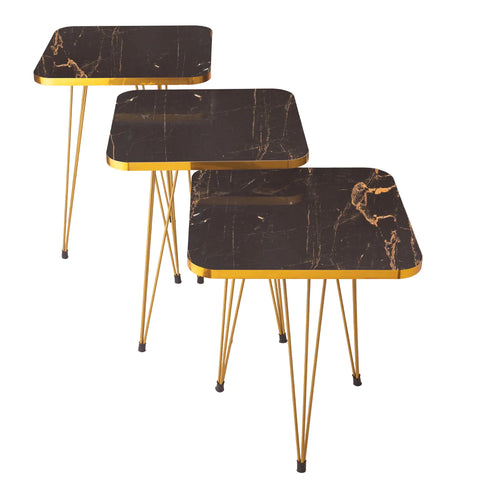 Square Metal Legs Table Set With Golden Border - 3 Pcs