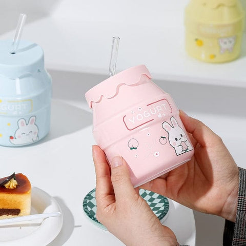 Cartoon Cute Ceramic Mug With Lid & Straw