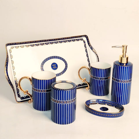 Denim Blue Bathroom Accessories Set | Tumblers Set with Vanity Tray| Ceramic Bath Set - Needs Store
