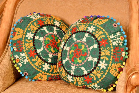 Embroidered Cotton Cushion Cover | Green | Set of 2 - Needs Store