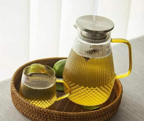 Glass Stripped Water Jug Set with Bamboo Lid - Glassware Set - Needs Store
