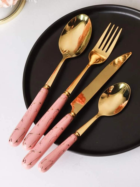 Stainless Steel Gold Cutlery Set with Pink Marble Pattern Handle - 24 pcs | Kitchenware Cutlery Set - Needs Store