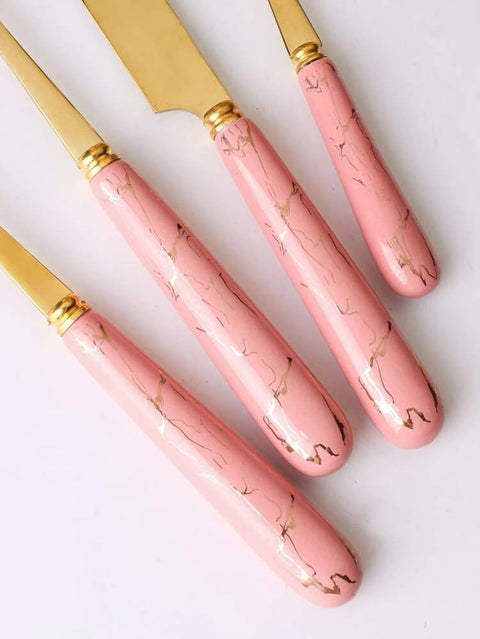 Stainless Steel Gold Cutlery Set with Pink Marble Pattern Handle - 24 pcs | Kitchenware Cutlery Set - Needs Store