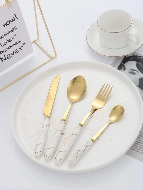 Stainless Steel Gold Cutlery Set with White Marble Pattern Handle - 24 pcs | Kitchenware Cutlery Set - Needs Store