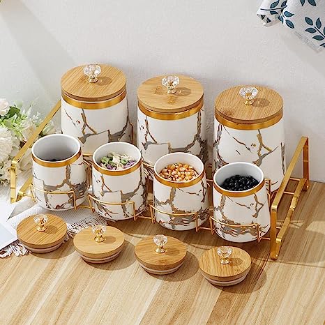 Marble Style Canister Set with Wood Lids - 6 PCS