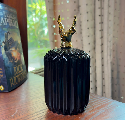 Gold Animal Lid Black Ceramic Candy Jar