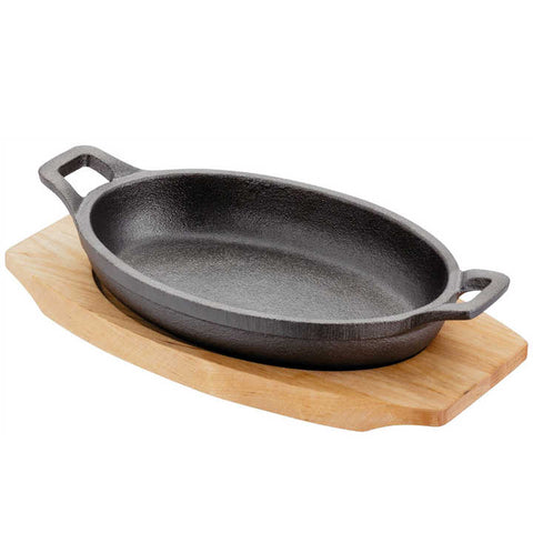 Cast-Iron Oval Skillet with Double Loop Handles & Wooden Base