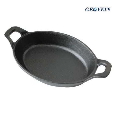 Cast-Iron Oval Skillet with Double Loop Handles & Wooden Base
