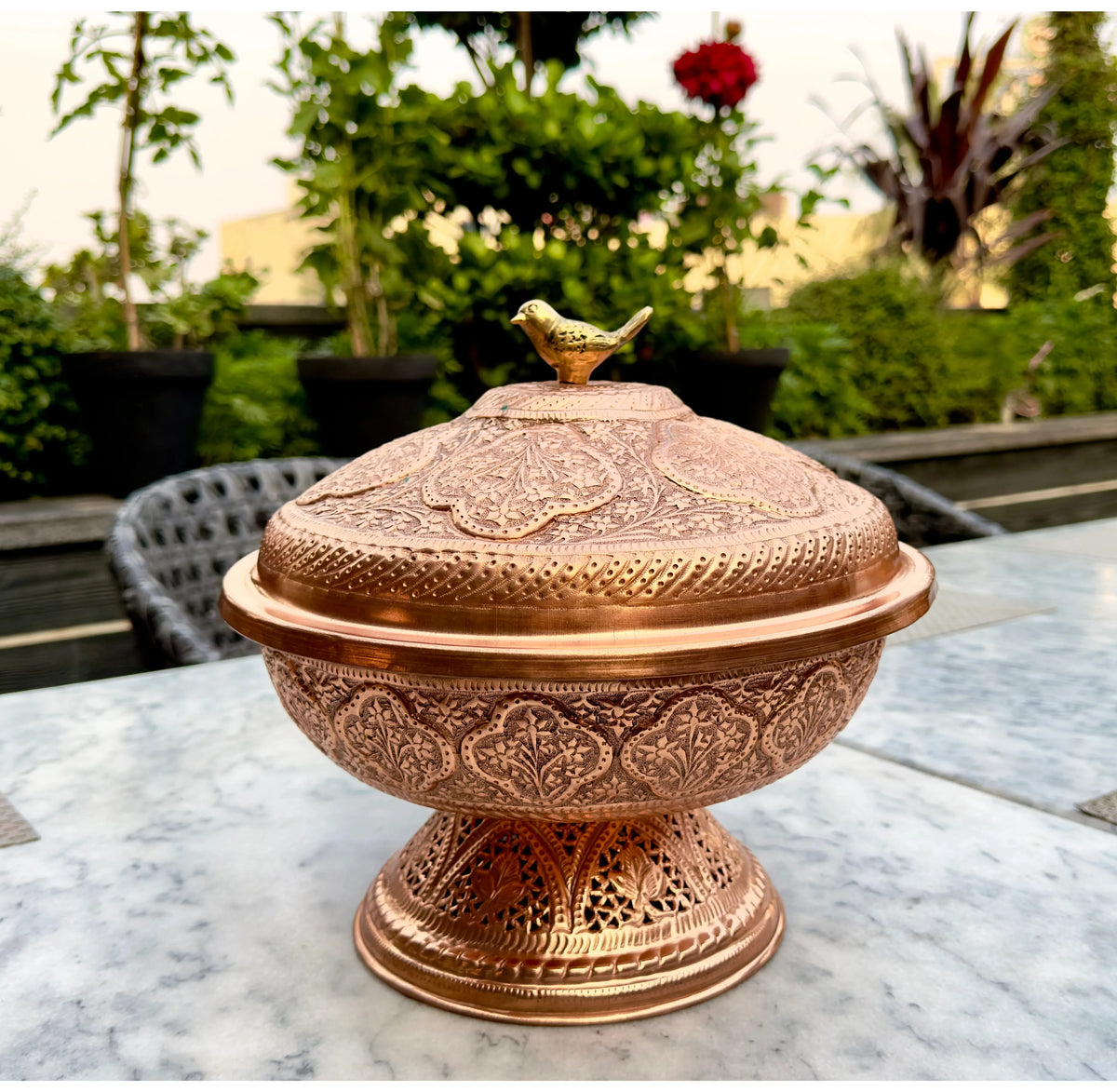 Copper Buffet Style Platter with Sparrow – Needs Store