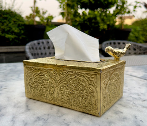Brass Tissue Box with Sparrow
