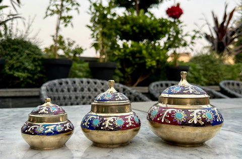 Colourful Pattern Brass Candy Jars - Set of 3
