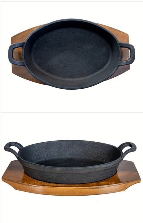 Cast-Iron Oval Skillet with Double Loop Handles & Wooden Base
