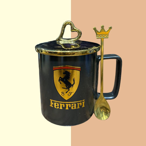 Ferrari Logo Coffee/Tea Mug with Golden Lid & Spoon