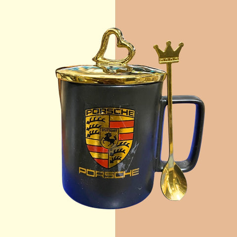 Porsche Logo Drinking Mug With Golden Lid & Spoon
