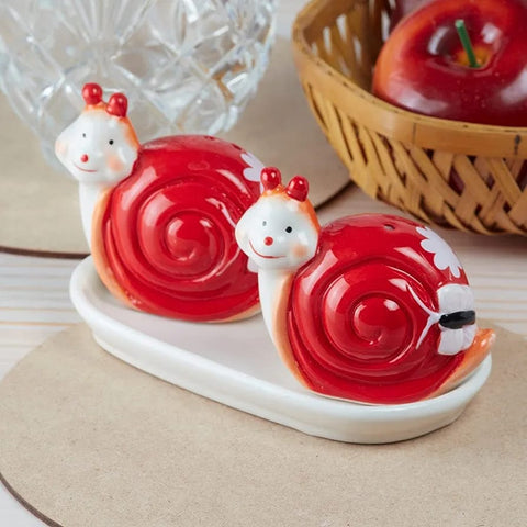 Ceramic Salt and Pepper Set with tray, Snail Design, Red White
