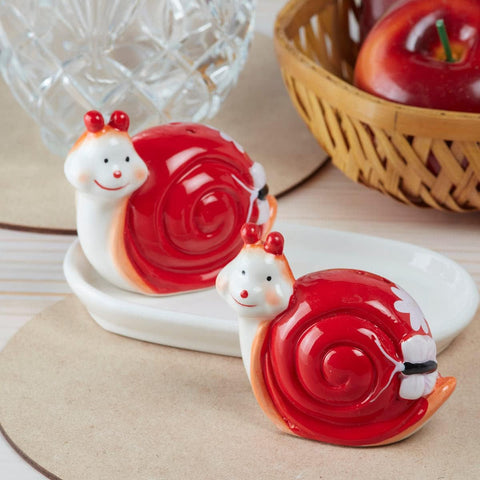 Ceramic Salt and Pepper Set with tray, Snail Design, Red White