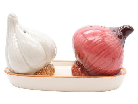 Onion And Garlic Ceramic Salt & Pepper Shaker With Tray