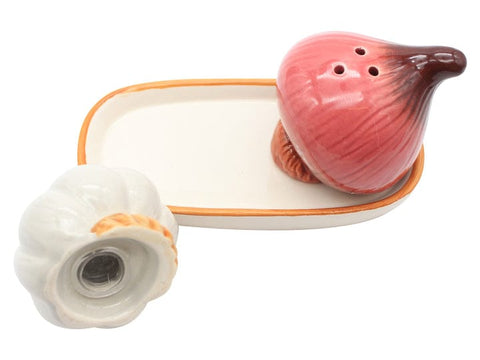 Onion And Garlic Ceramic Salt & Pepper Shaker With Tray