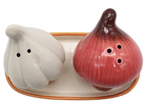 Onion And Garlic Ceramic Salt & Pepper Shaker With Tray