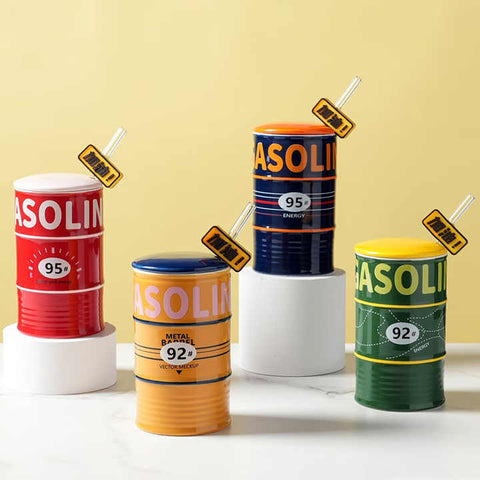 Oil Drum Style Ceramic Cup Large Capacity With Lid & Straw