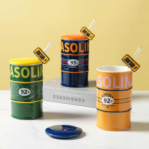Oil Drum Style Ceramic Cup Large Capacity With Lid & Straw