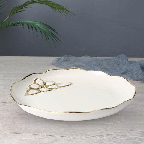 White With Gold Edges Ceramic Flower Plate