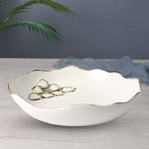 White With Gold Edges Ceramic Flower Deep Plate
