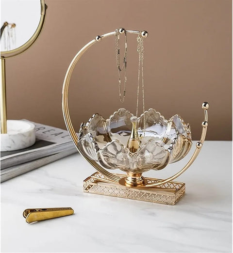 Luxury Grey Glass Fruit Bowl With Gold Moon Style Stand