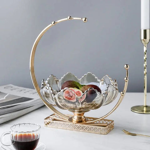 Luxury Grey Glass Fruit Bowl With Gold Moon Style Stand