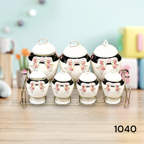 Household Ceramic Canister Set With Metal Stand - 7Pcs