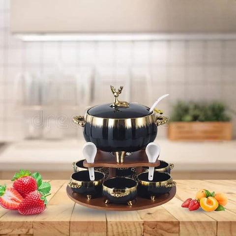 Reindeer Design Ceramic Soup Set with Wooden Stand