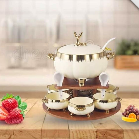 Reindeer Design Ceramic Soup Set with Wooden Stand