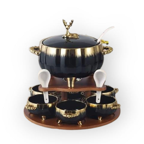 Reindeer Design Ceramic Soup Set with Wooden Stand