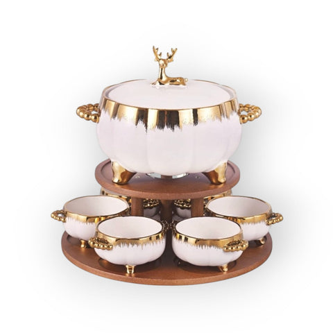Reindeer Design Ceramic Soup Set with Wooden Stand
