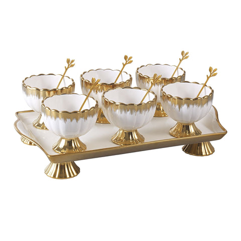 Ceramic Dessert Bowl Set With Gold Edges Tray And  Spoon