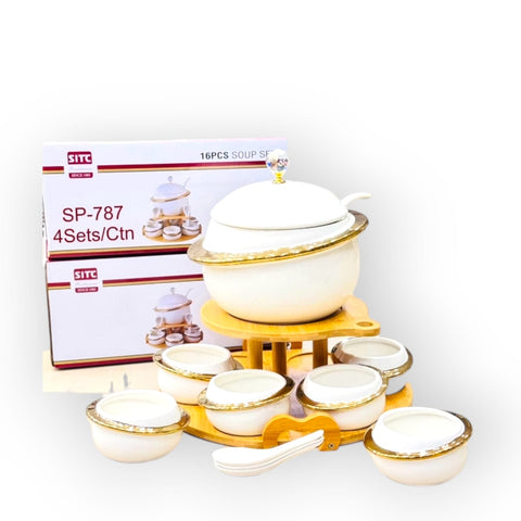 White & Gold Ceramic Soup Set With Wooden Stand - 16Pcs