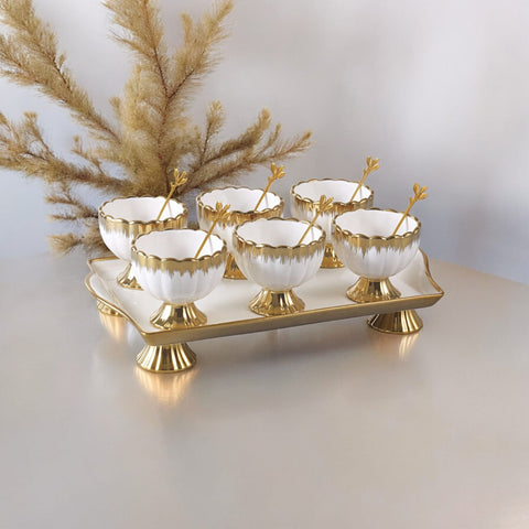 Ceramic Dessert Bowl Set With Gold Edges Tray And  Spoon