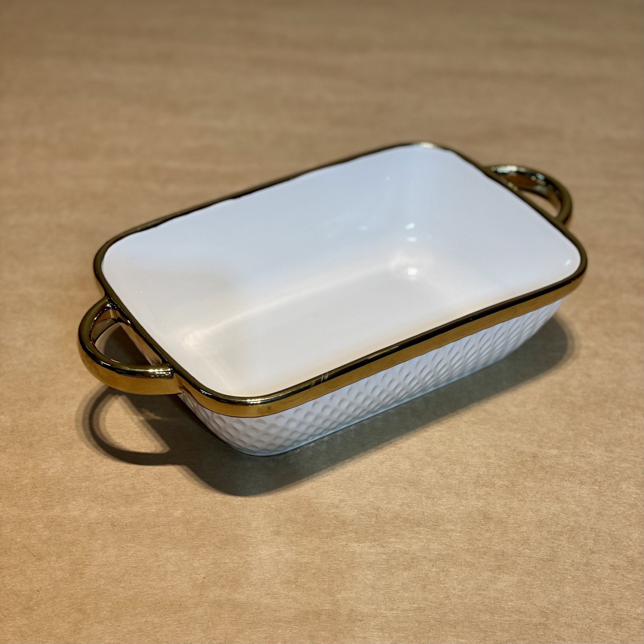 Rectangular Ceramic Baking Dish with Gold & Silver Rim - Needs Store