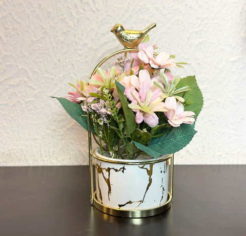 Sparrow Flower Pot with Plant - White