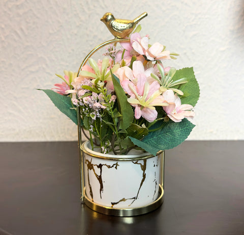 Sparrow Flower Pot with Plant - White