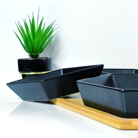 3 Compartments Ceramic Snack Serving Bowls with Bamboo Tray - Black - Needs Store