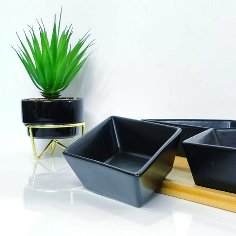 3 Compartments Ceramic Snack Serving Bowls with Bamboo Tray - Black - Needs Store
