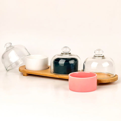 3 Pcs Ceramic Dessert Bowls with Glass Lid and Wooden Tray - Needs Store