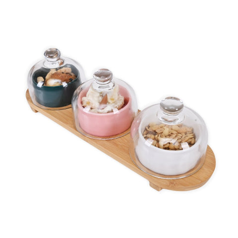 3 Pcs Ceramic Dessert Bowls with Glass Lid and Wooden Tray - Needs Store