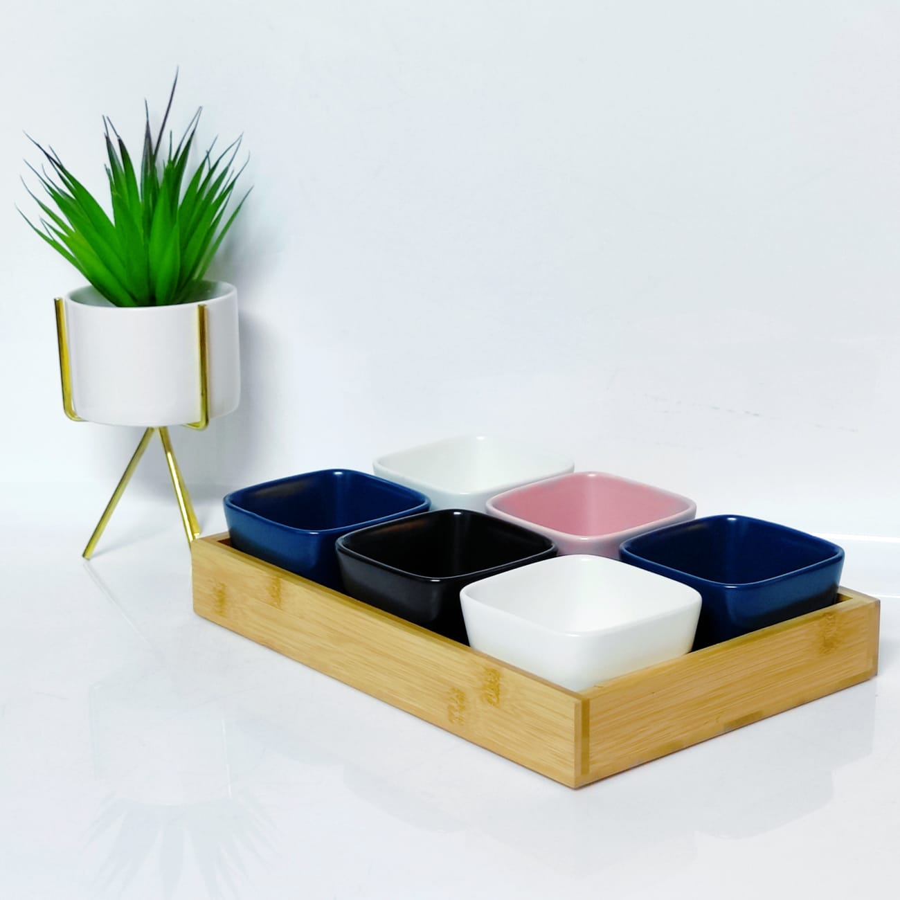 6 Ceramic Snack Serving Bowl with Bamboo Tray Buy Now Needs Store