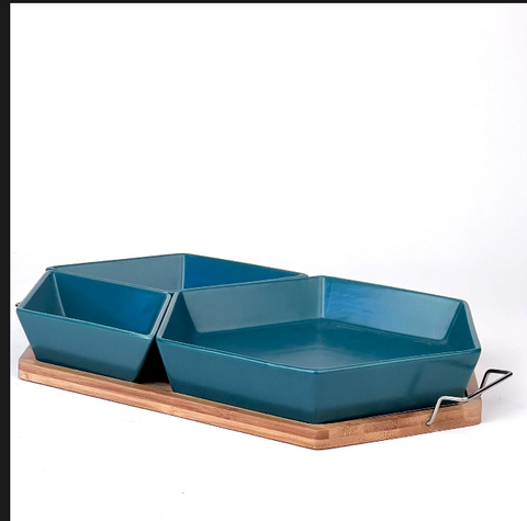 Japanese Style Ceramic Fruit/Snack Platter with Wooden Tray