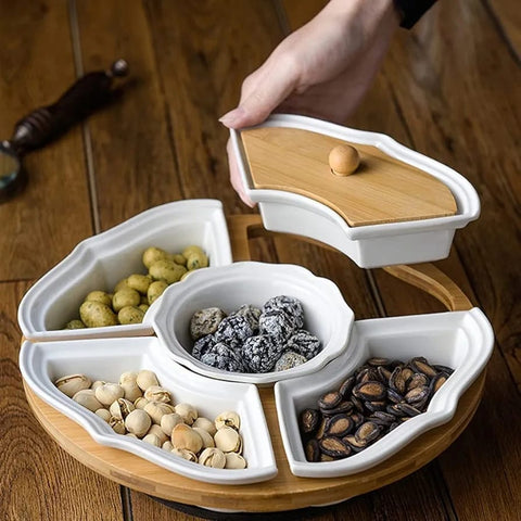 Ceramic Rotating Plate with Lid Rotating Tray Fruit Dish