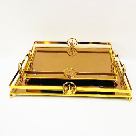 Deco Gold Rectangle Mirror Base Serving Tray Set of 2 Pcs