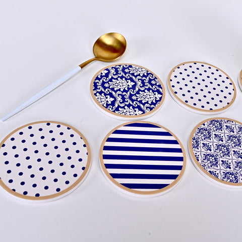 Abstract Blue Art Tea Coasters with Cork Base - Set of 06 Coasters - Needs Store