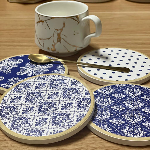 Abstract Blue Art Tea Coasters with Cork Base - Set of 06 Coasters - Needs Store